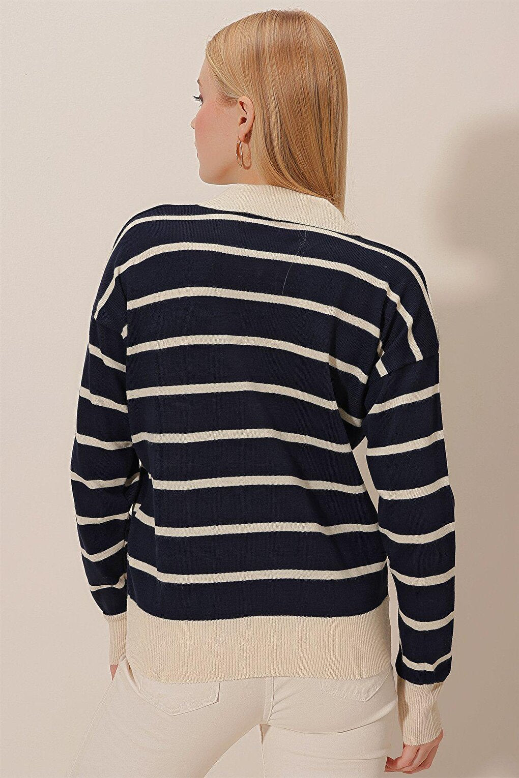 Polo Neck Gold Button Striped Knitwear BLOUSE