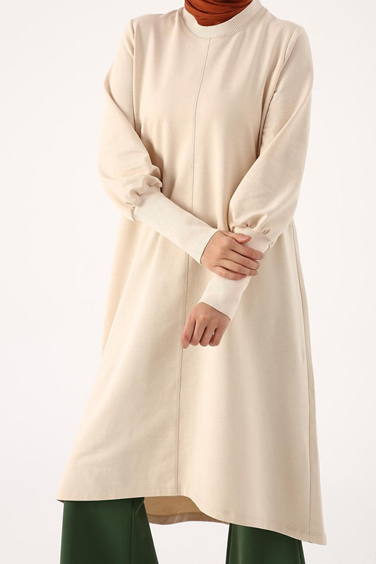 New Beige Collar and Ribbed Cuffs Tunic