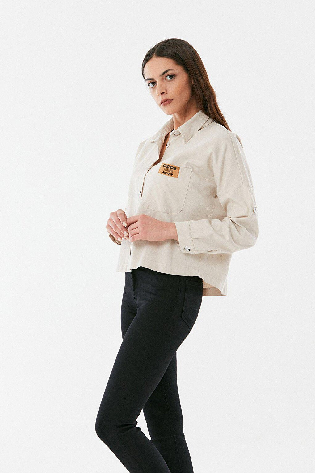 Gabardine Shirt with Pocket Emblem and Folded Sleeves