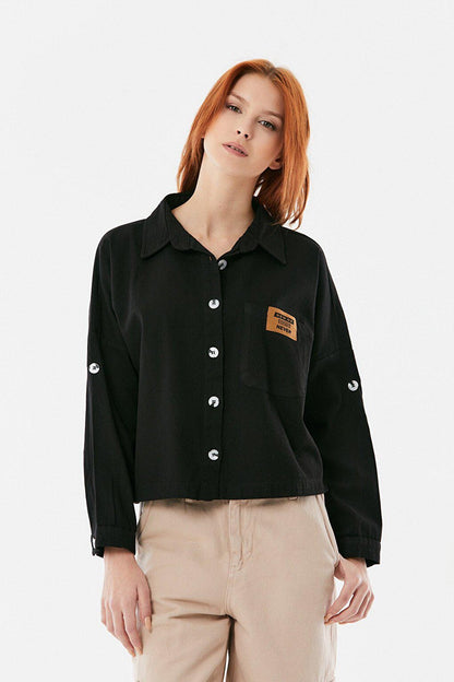 Gabardine Shirt with Pocket Emblem and Folded Sleeves