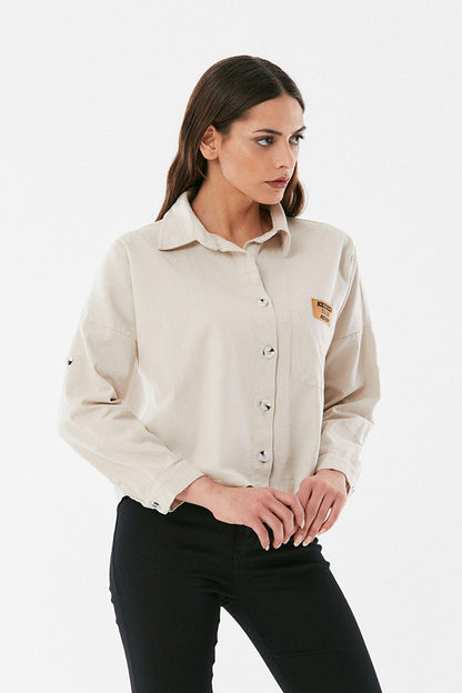 Gabardine Shirt with Pocket Emblem and Folded Sleeves