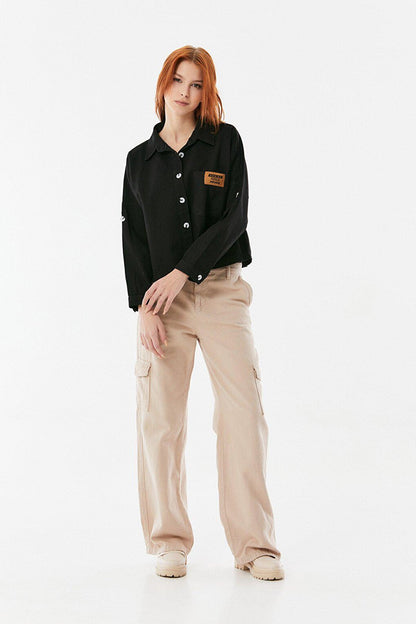 Gabardine Shirt with Pocket Emblem and Folded Sleeves