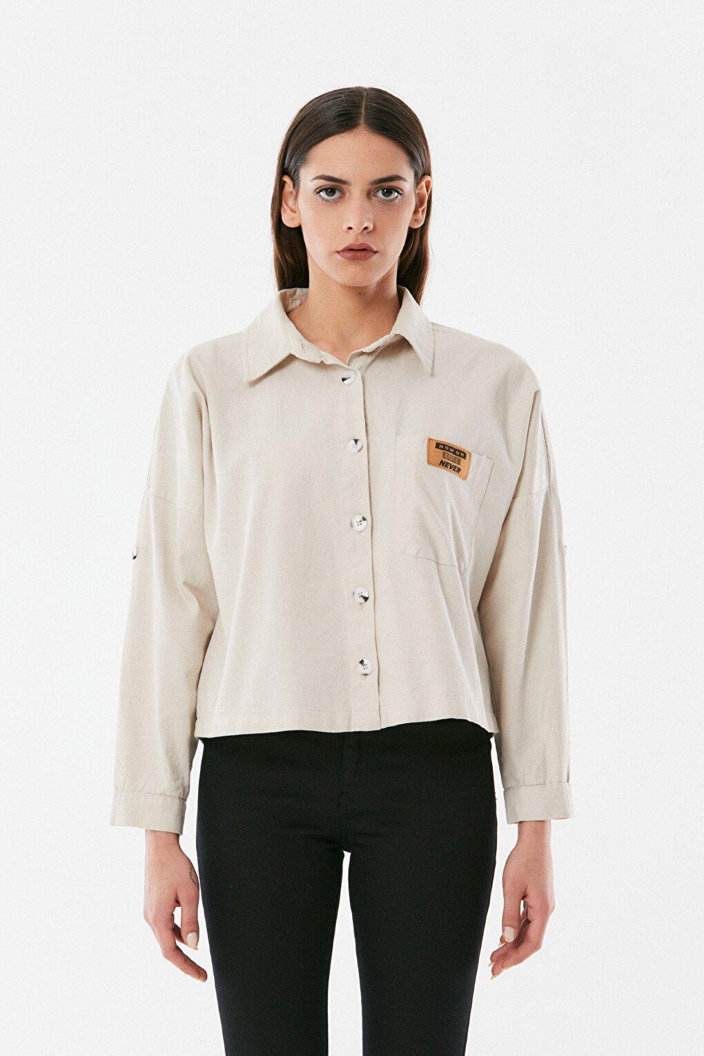 Gabardine Shirt with Pocket Emblem and Folded Sleeves