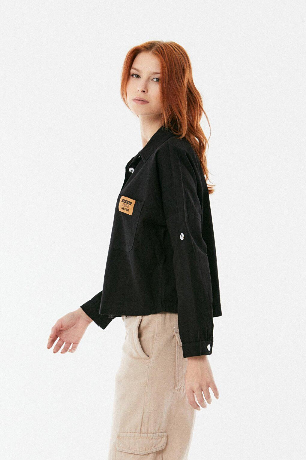 Gabardine Shirt with Pocket Emblem and Folded Sleeves