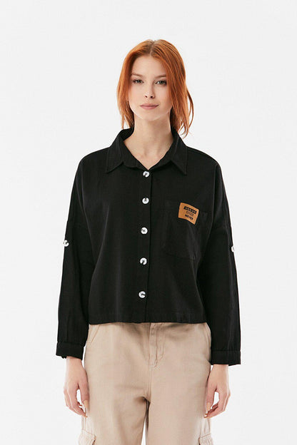 Gabardine Shirt with Pocket Emblem and Folded Sleeves