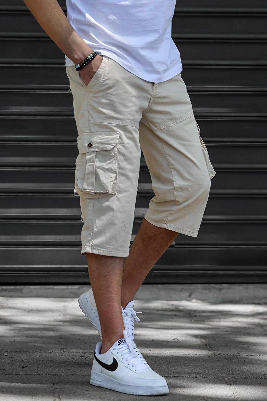 Beige Gabardine Cargo Pocket Men's Capri Shorts 5754