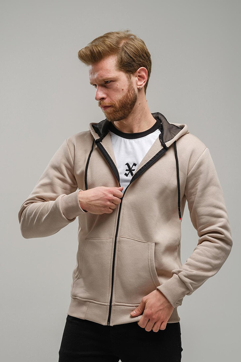 Regnault Three Thread Cotton Hooded Zippered Sweatshirt with Mesh Detail