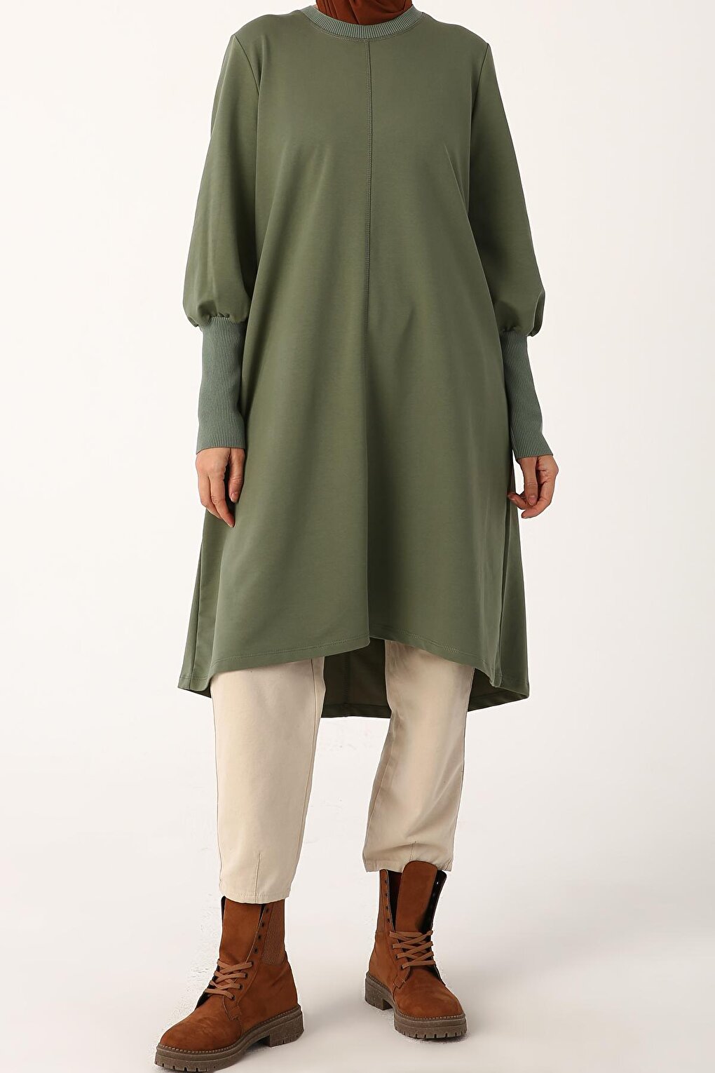 Soft Green Collar and Ribbed Cuffs Tunic