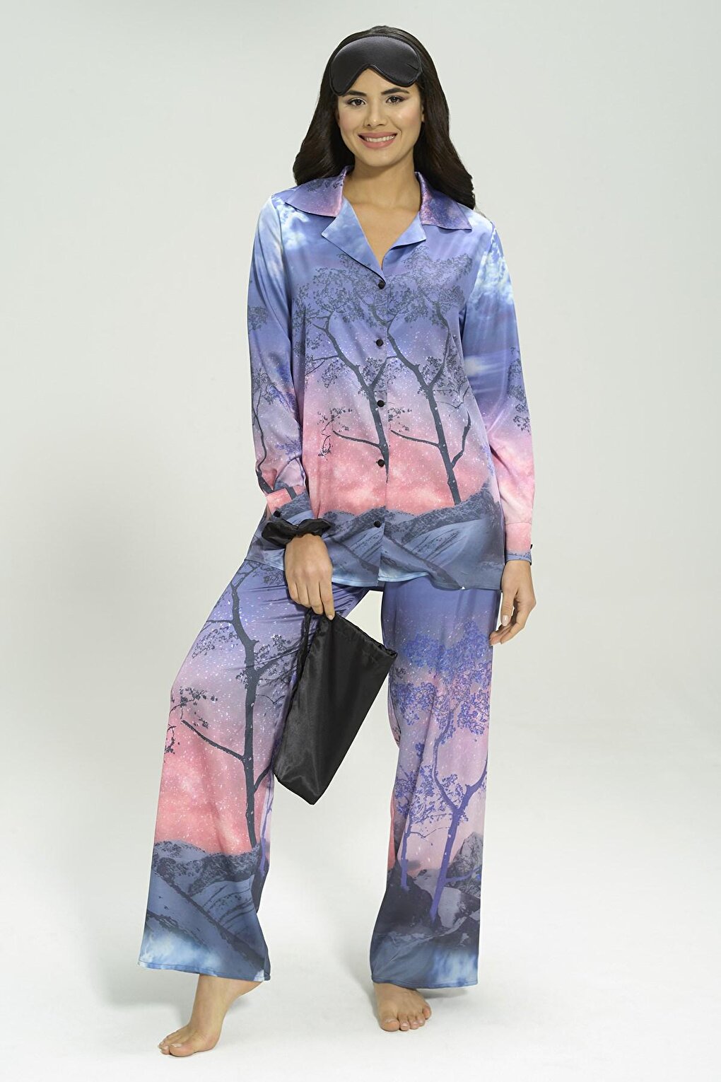 5-Piece Satin Nature Pattern Pajama Set