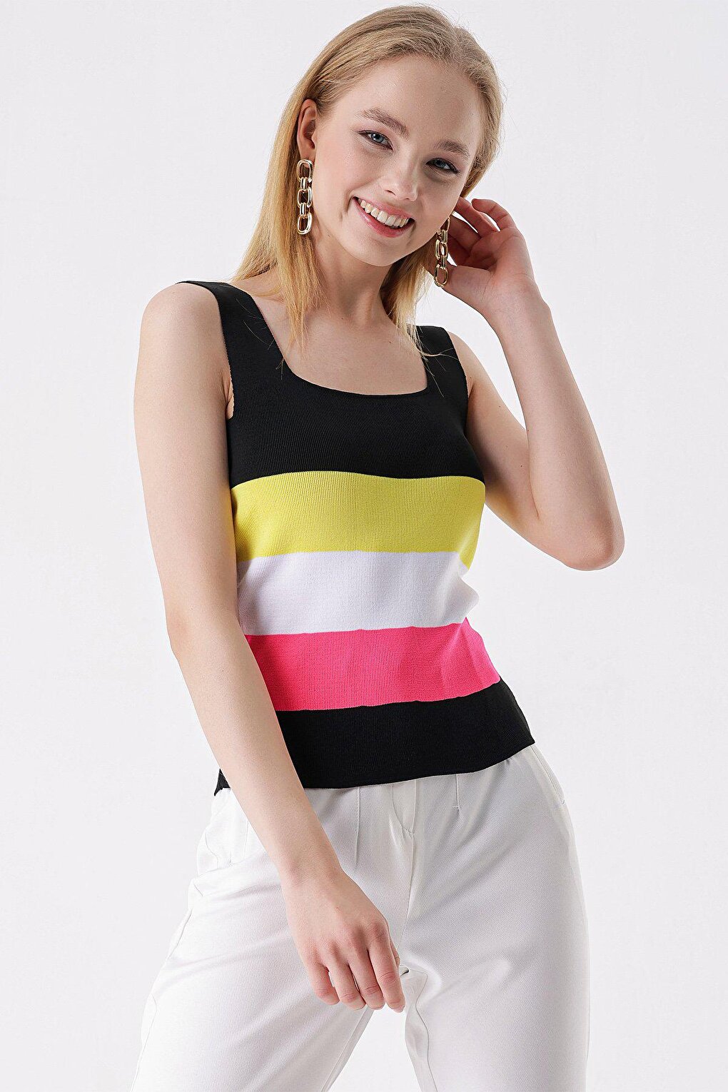 Square Collar Colored Striped BLOUSE