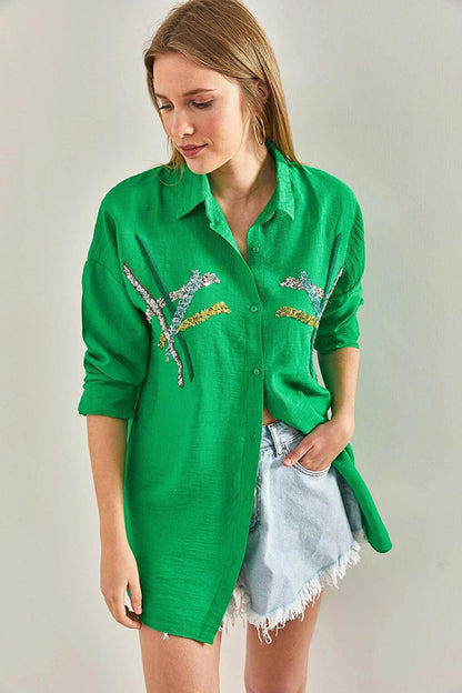 Women's Sequin Palette Embroidered Linen Ayrobin Shirt