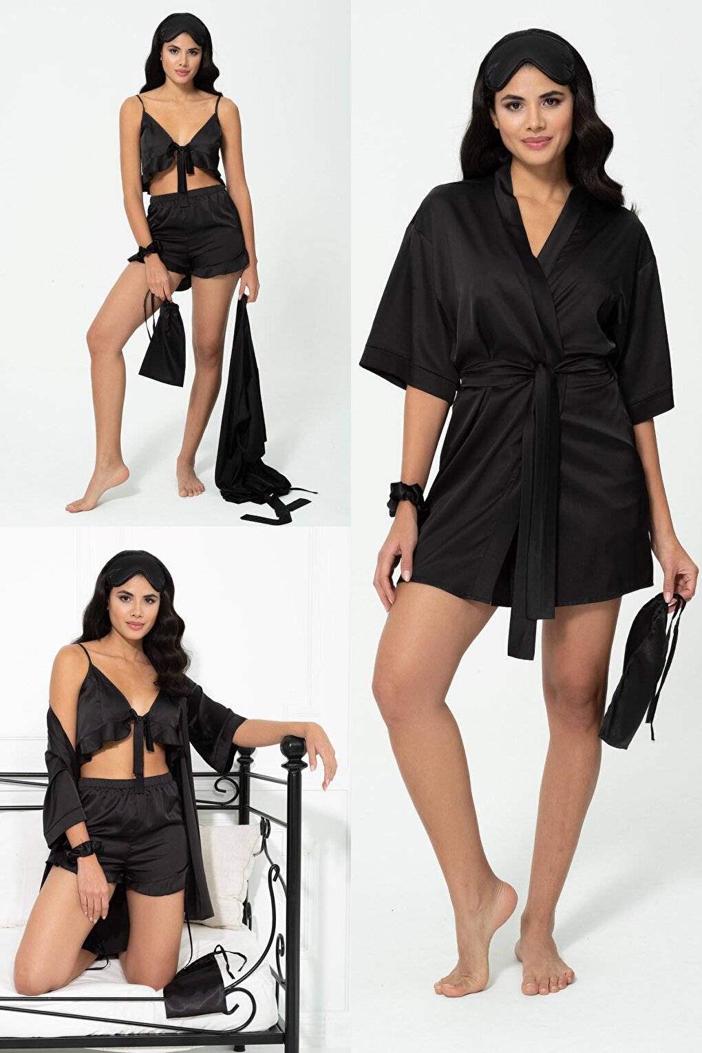 6-Piece Black Satin Pajama Shorts Set with Robe