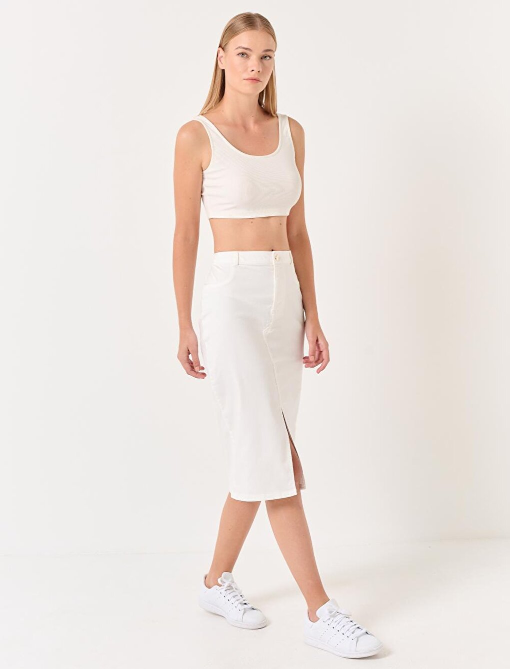 White High Waist Slit Midi Skirt