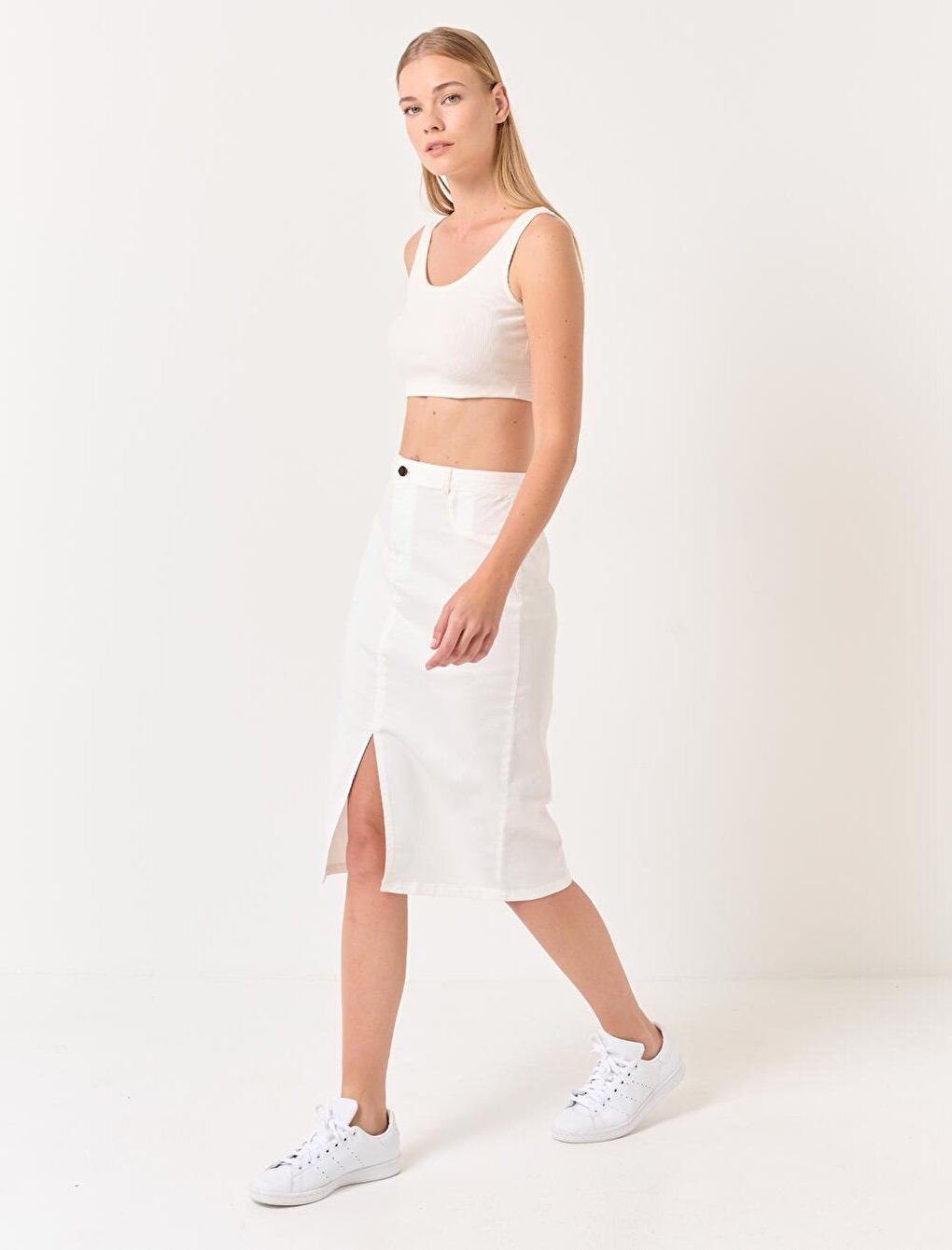 White High Waist Slit Midi Skirt