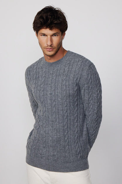 Slim Fit Crew Neck Patterned Gray Men's Sweater