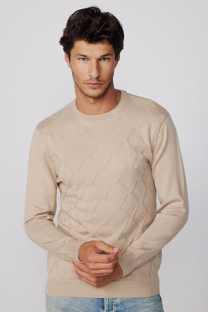 Slim Fit Crew Neck Patterned Stone Men's Sweater