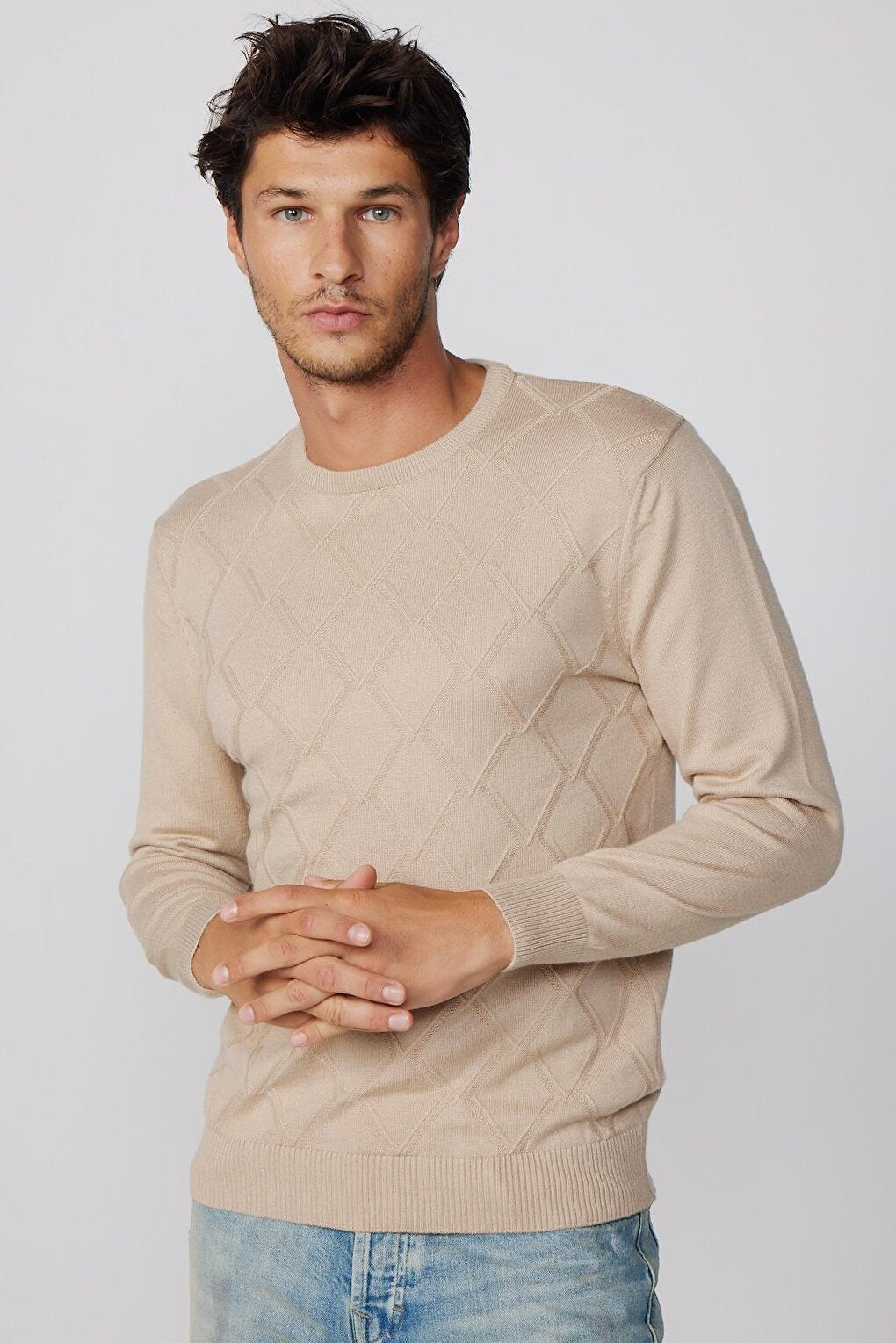 Slim Fit Crew Neck Patterned Stone Men's Sweater