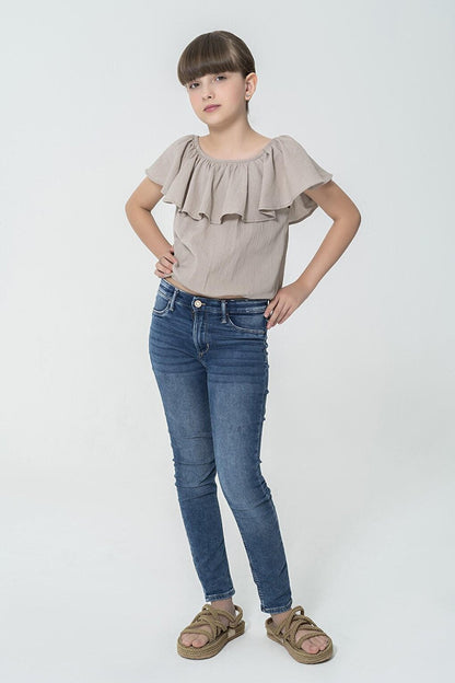 Collar Flounced Elastic Stone Blouse