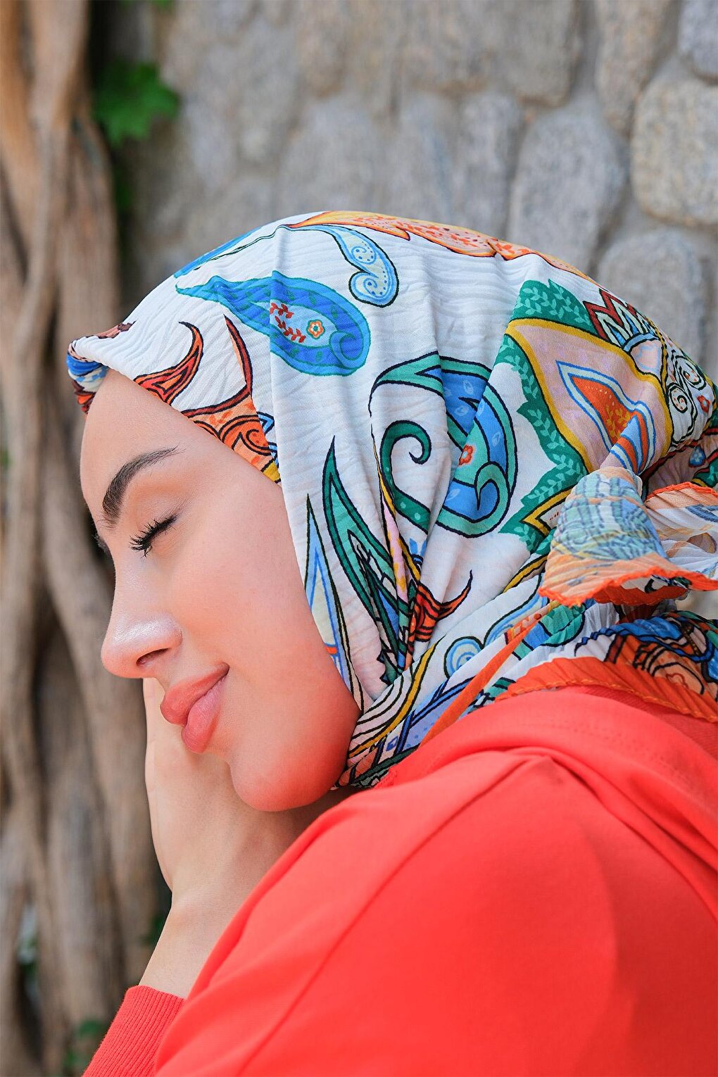 Mixed Flower Pattern Pleated Scarf Orange