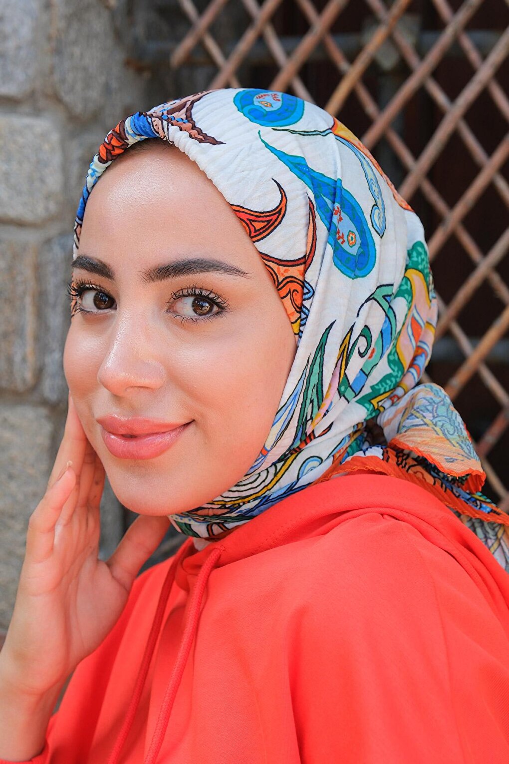 Mixed Flower Pattern Pleated Scarf Orange