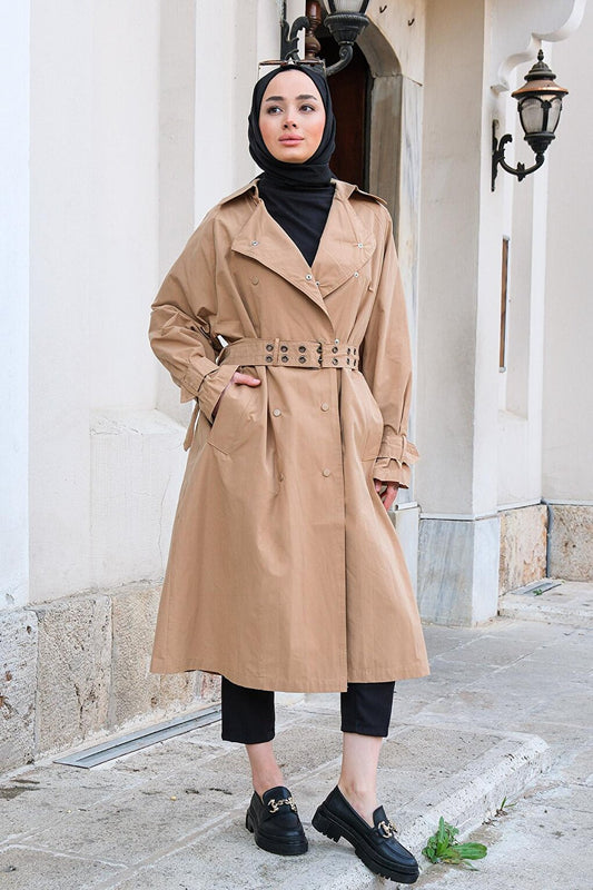 Double Breasted Collar Belt Studded Trench Coat Mink