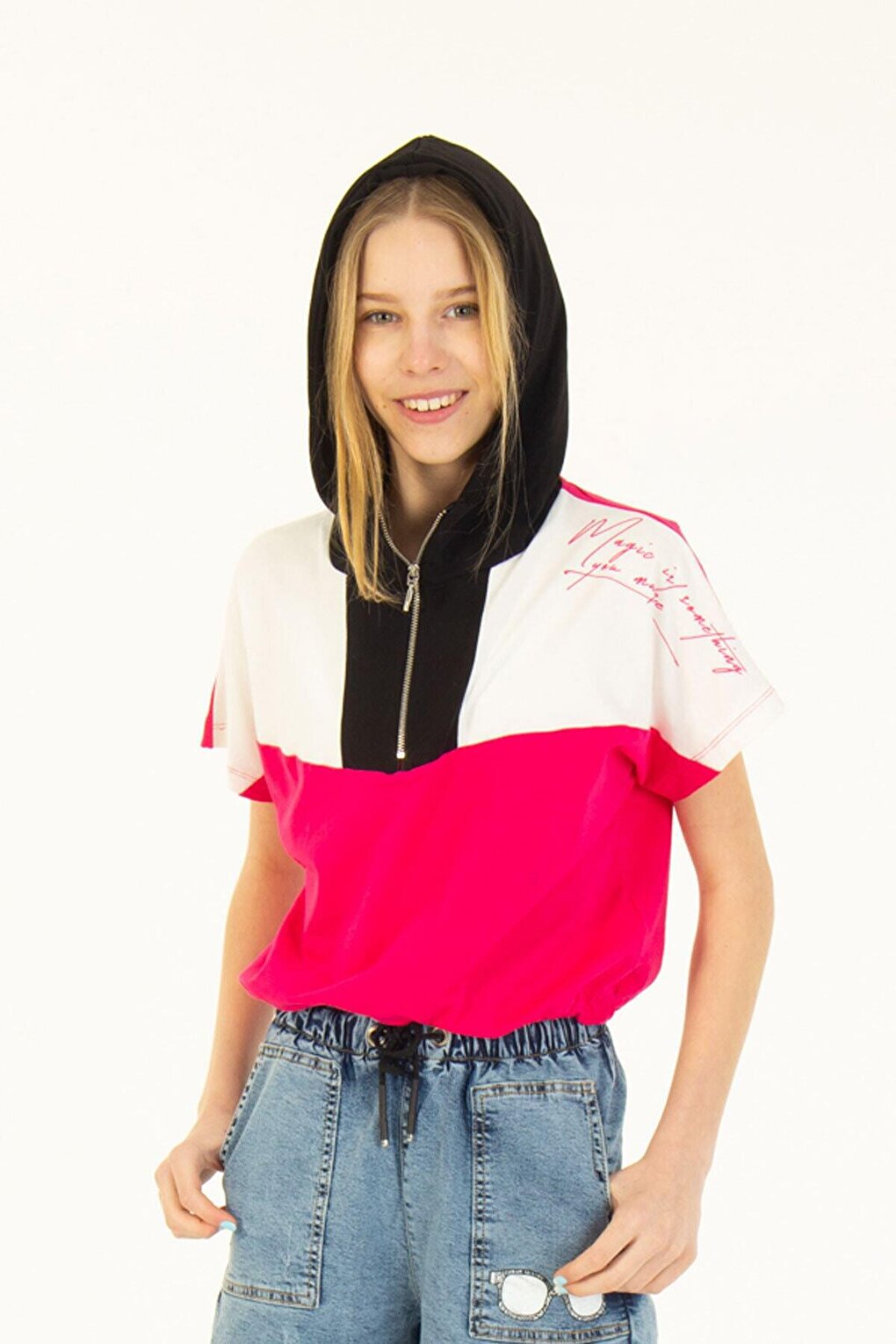 Girl's Zippered Hooded Garnished T-Shirt