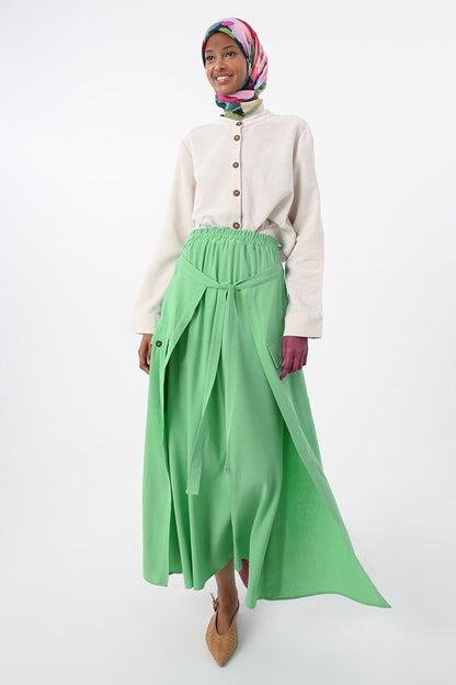 Soft Green Cotton Skirt with Elastic Waist and Tie Detail