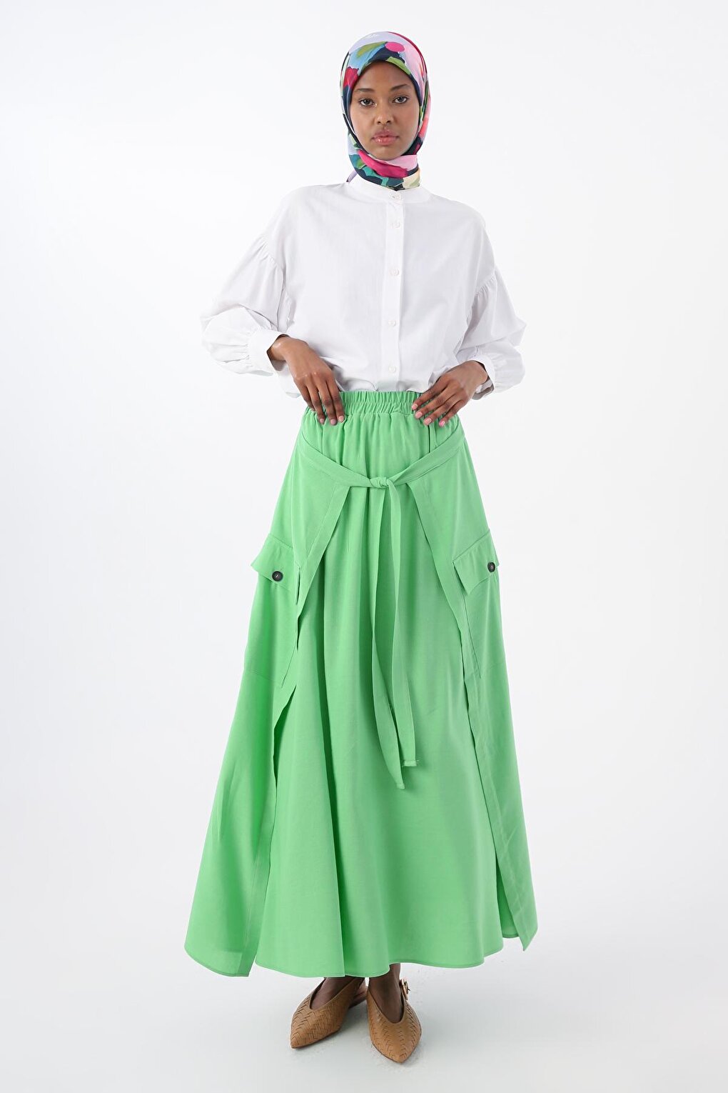 Soft Green Cotton Skirt with Elastic Waist and Tie Detail