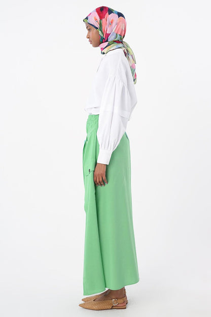 Soft Green Cotton Skirt with Elastic Waist and Tie Detail