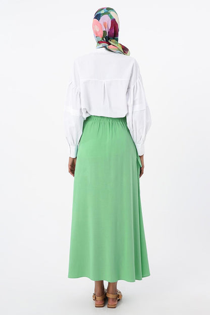 Soft Green Cotton Skirt with Elastic Waist and Tie Detail