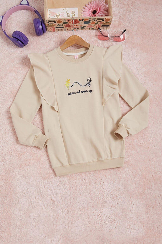 Beige Butterfly Embroidered Flounce Girl's Sweatshirt 16402