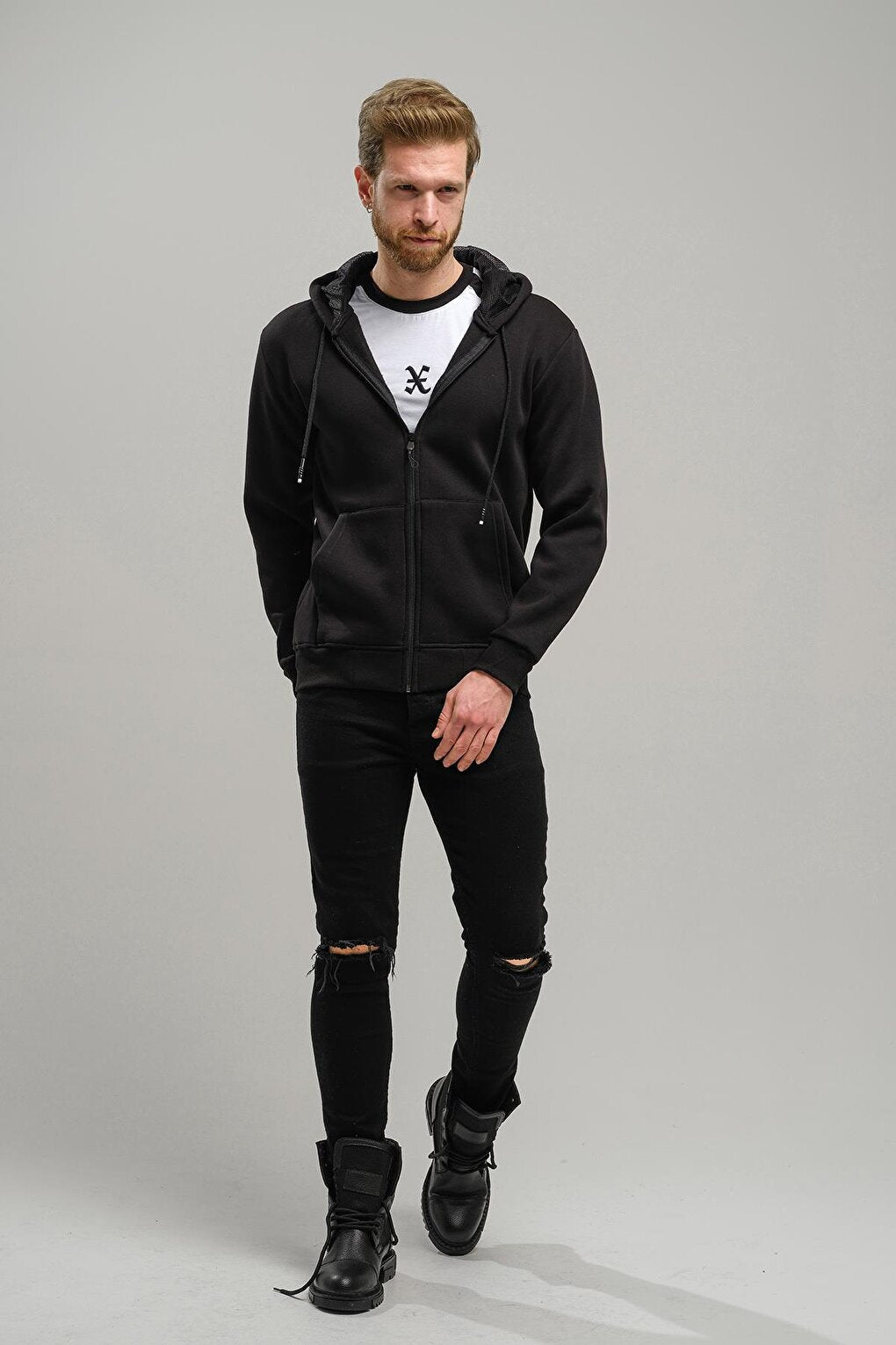 Regnault Three Thread Cotton Hooded Zippered Sweatshirt with Mesh Detail