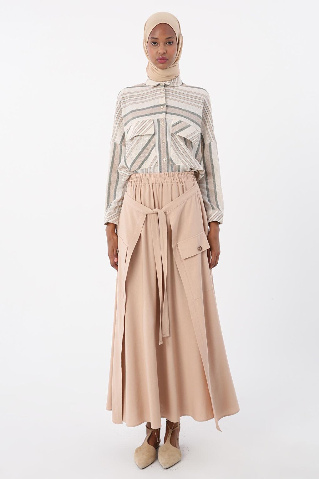 Dark Beige Cotton Skirt with Elastic Waist Tie Detail