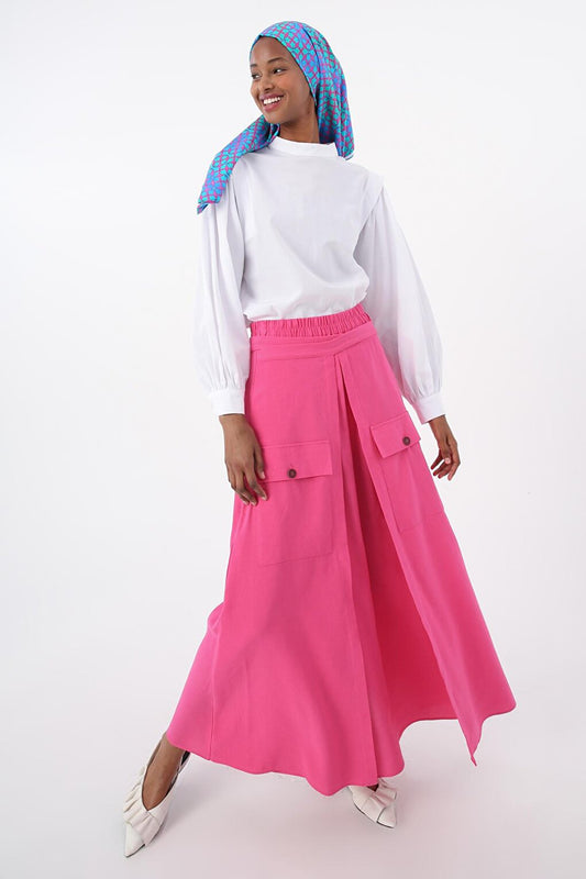 Fuchsia Waist Cotton Skirt with Elastic Tie Detail