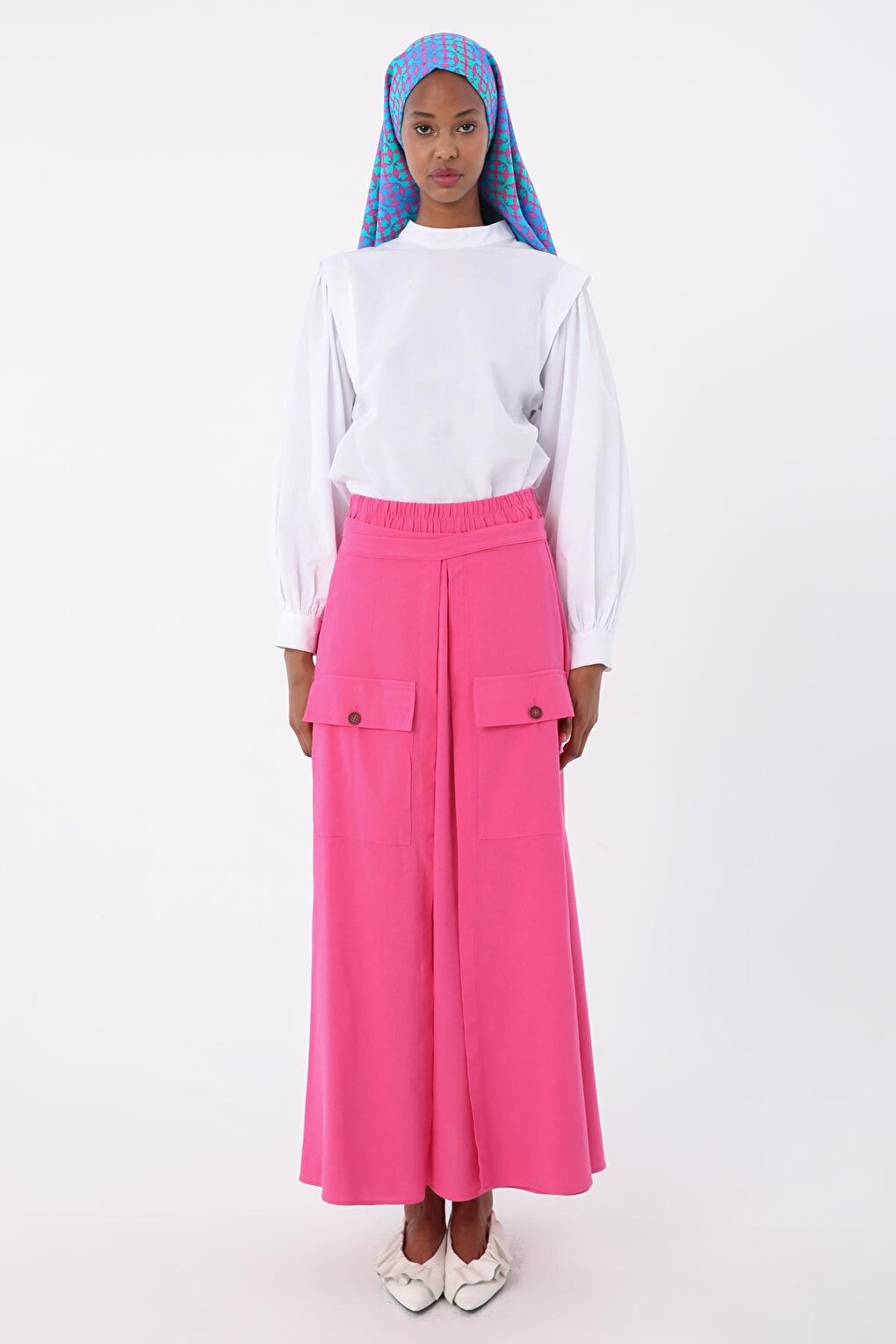 Fuchsia Waist Cotton Skirt with Elastic Tie Detail