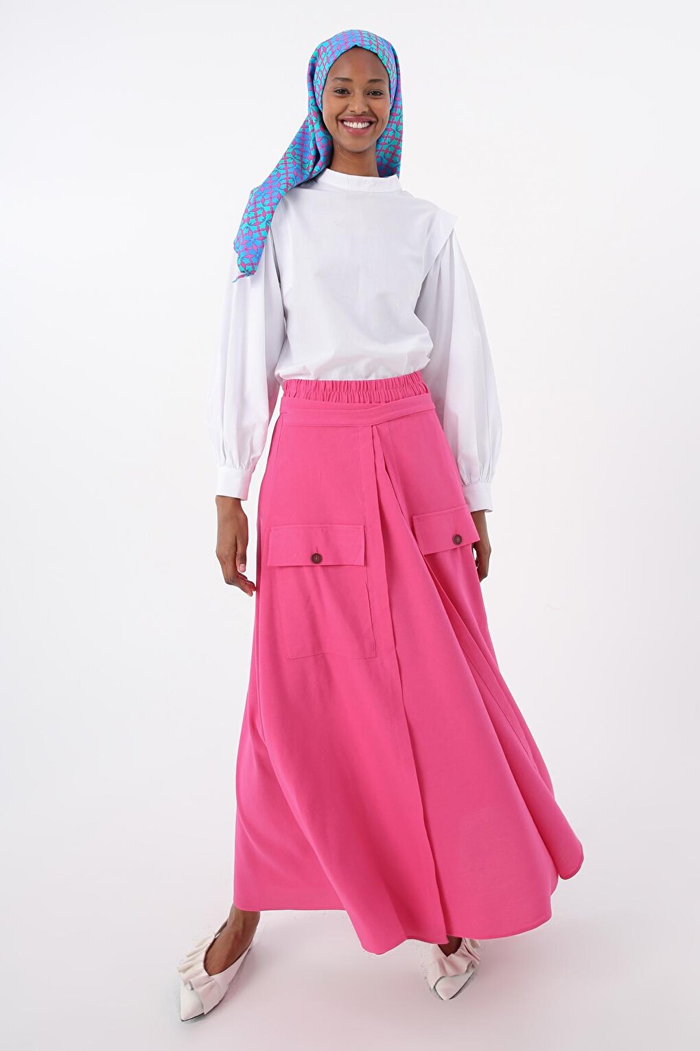 Fuchsia Waist Cotton Skirt with Elastic Tie Detail