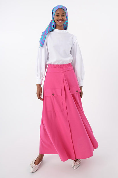 Fuchsia Waist Cotton Skirt with Elastic Tie Detail