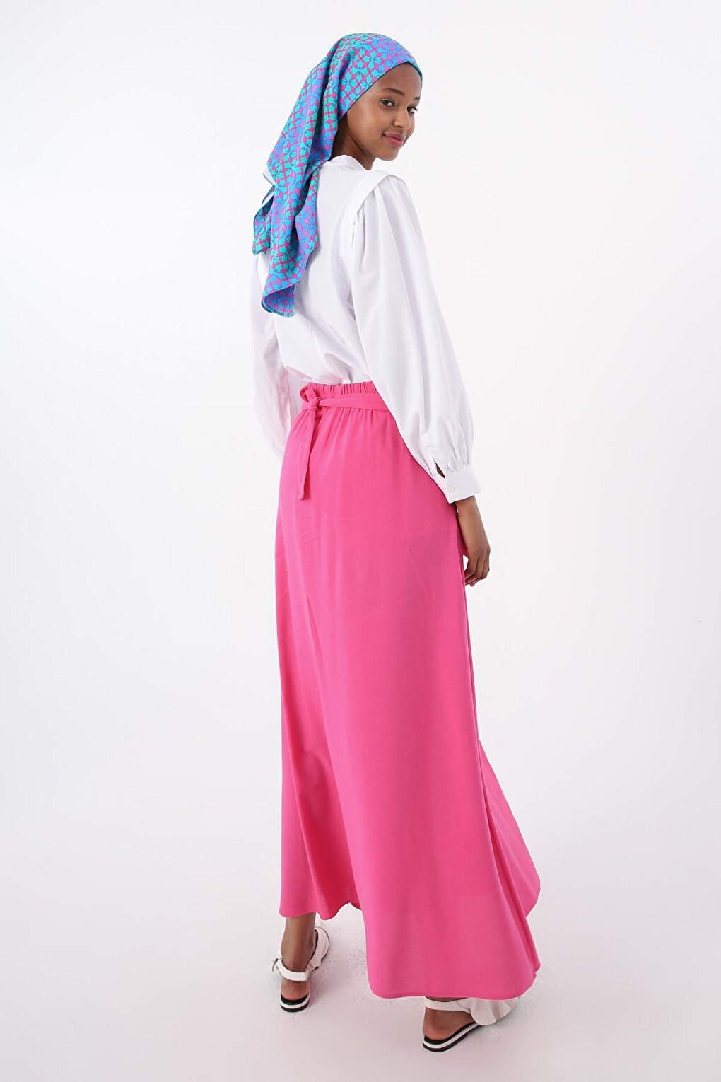 Fuchsia Waist Cotton Skirt with Elastic Tie Detail