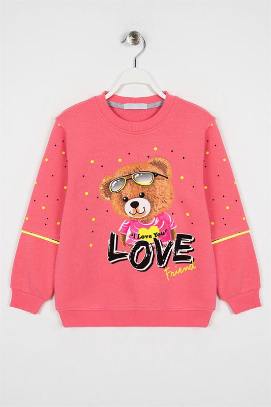 Girl's Pink Colored Bear Love Printed Sweatshirt