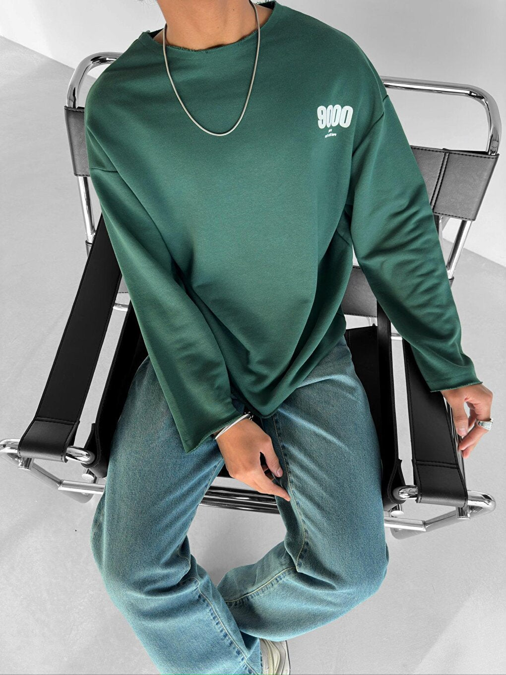 Oversize Wide Collar Printed Sweatshirt Green