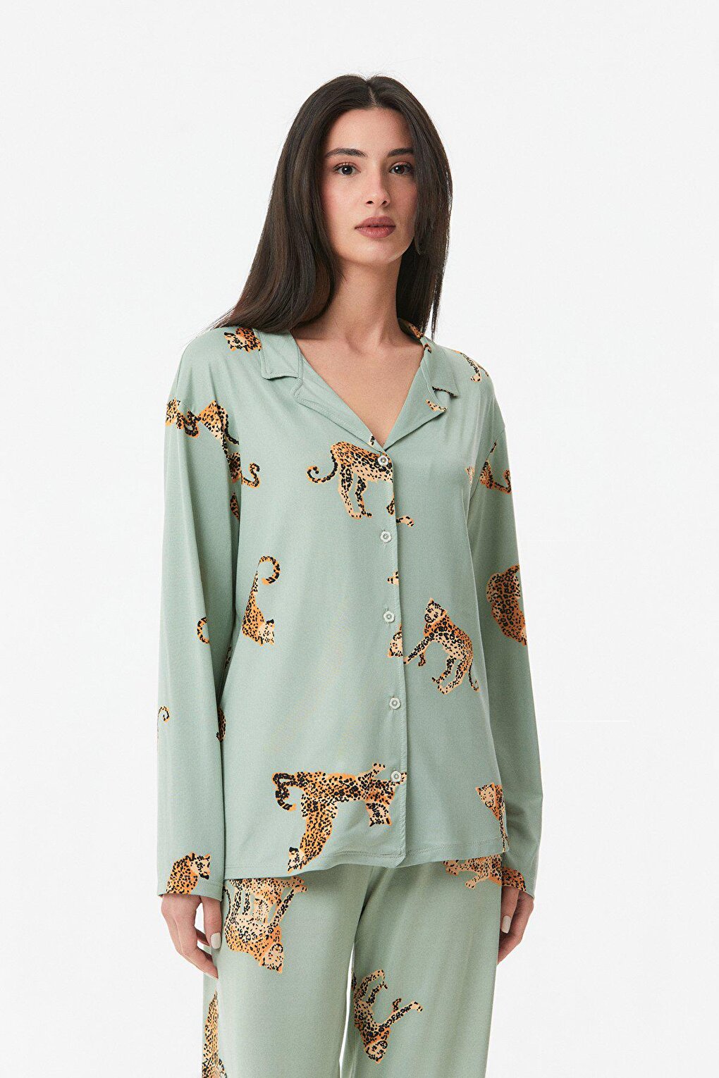 Leopard Printed Shirt Collar Pajama Set