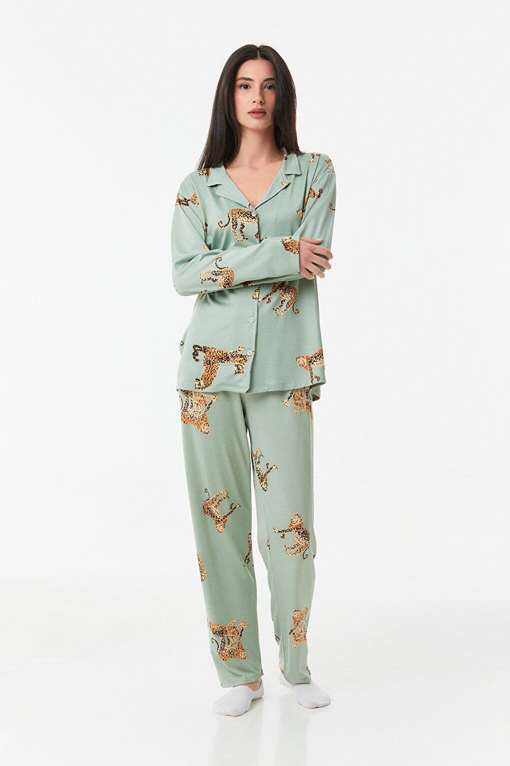 Leopard Printed Shirt Collar Pajama Set