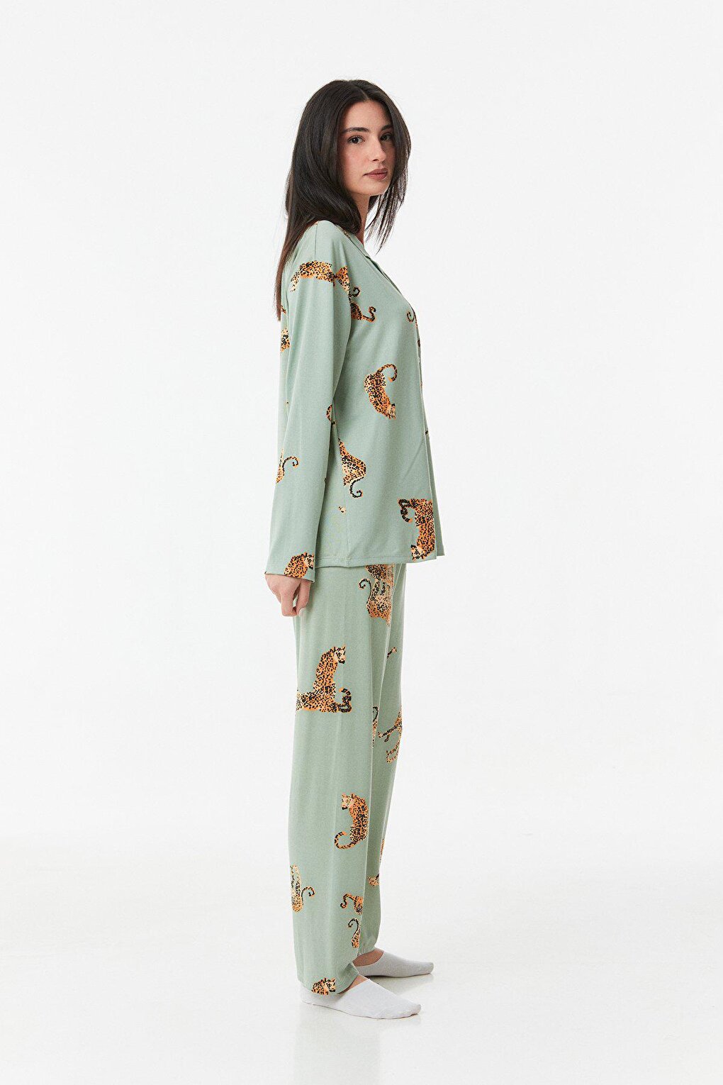 Leopard Printed Shirt Collar Pajama Set