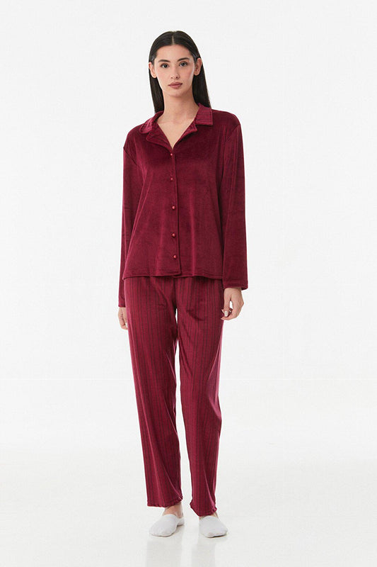 Striped Buttoned Velvet Pajama Set