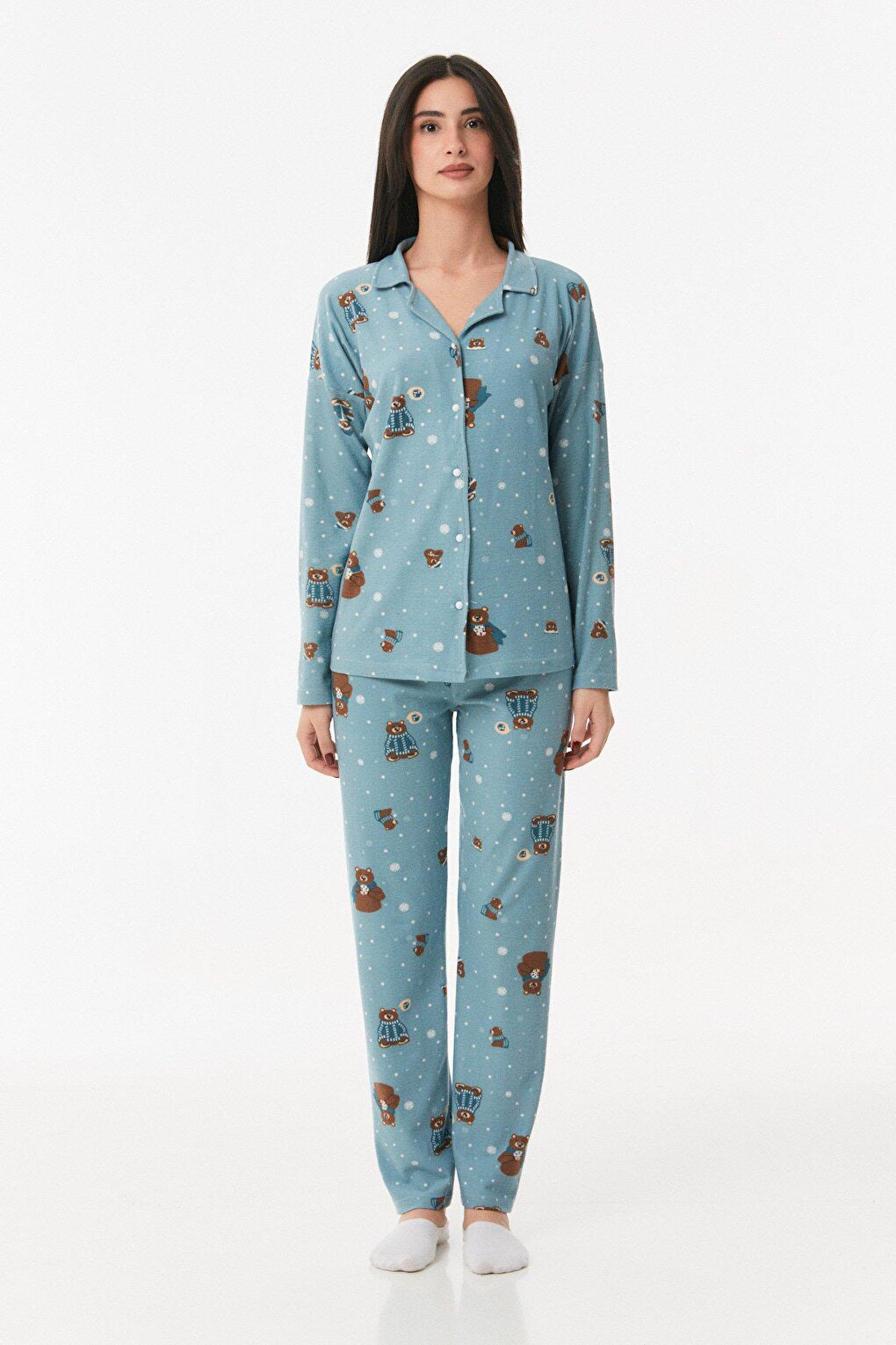 Teddy Bear Printed Buttoned Pajama Set