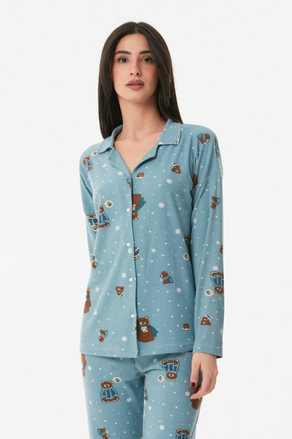 Teddy Bear Printed Buttoned Pajama Set