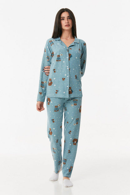 Teddy Bear Printed Buttoned Pajama Set