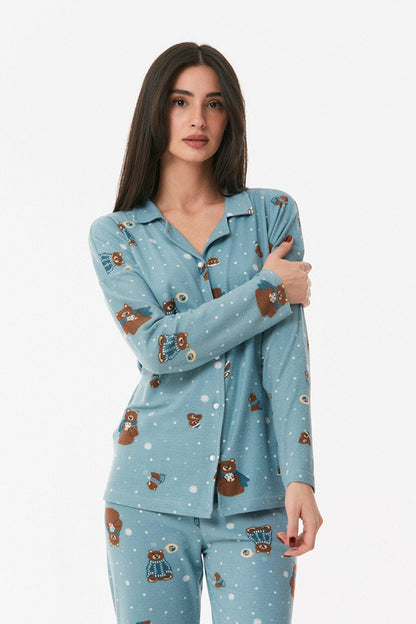 Teddy Bear Printed Buttoned Pajama Set