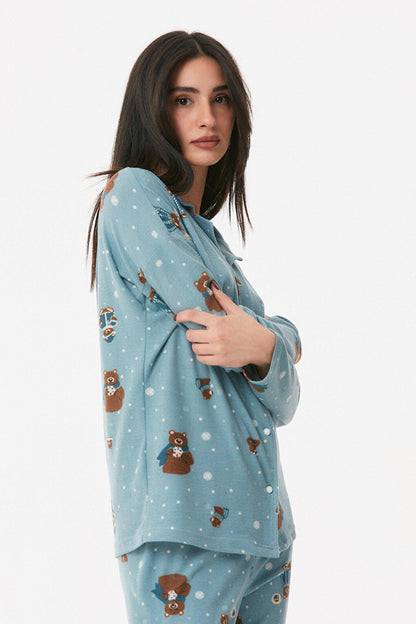 Teddy Bear Printed Buttoned Pajama Set