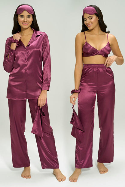 6-Piece Purple Pajama Set with Satin Bustier